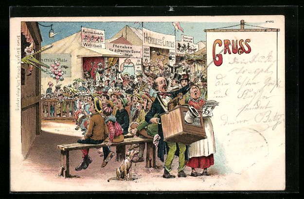 Cartoline postali: Litho Leierkasten-Mann und Kaspertheater – Usato da Berlin venduto da bartko-reher