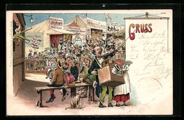 Litho Leierkasten-Mann und Kaspertheater