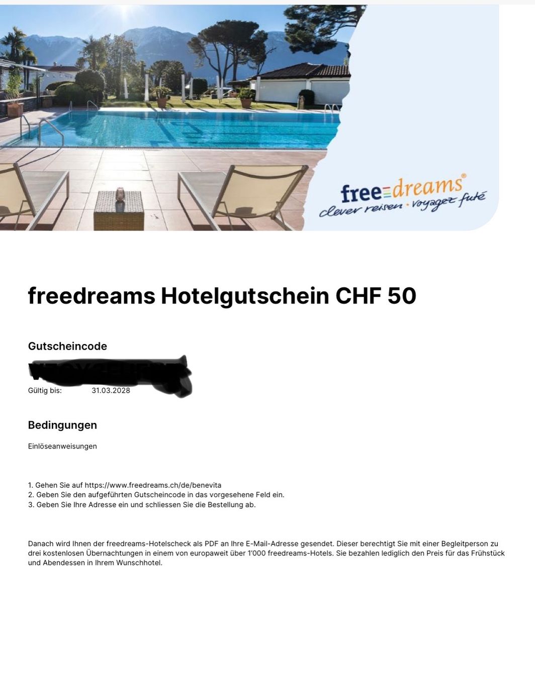 Buoni: Freedreams Hotelgutschein CHF 50 – Nuovo (secondo la descrizione) da Beatenberg venduto da Rose406