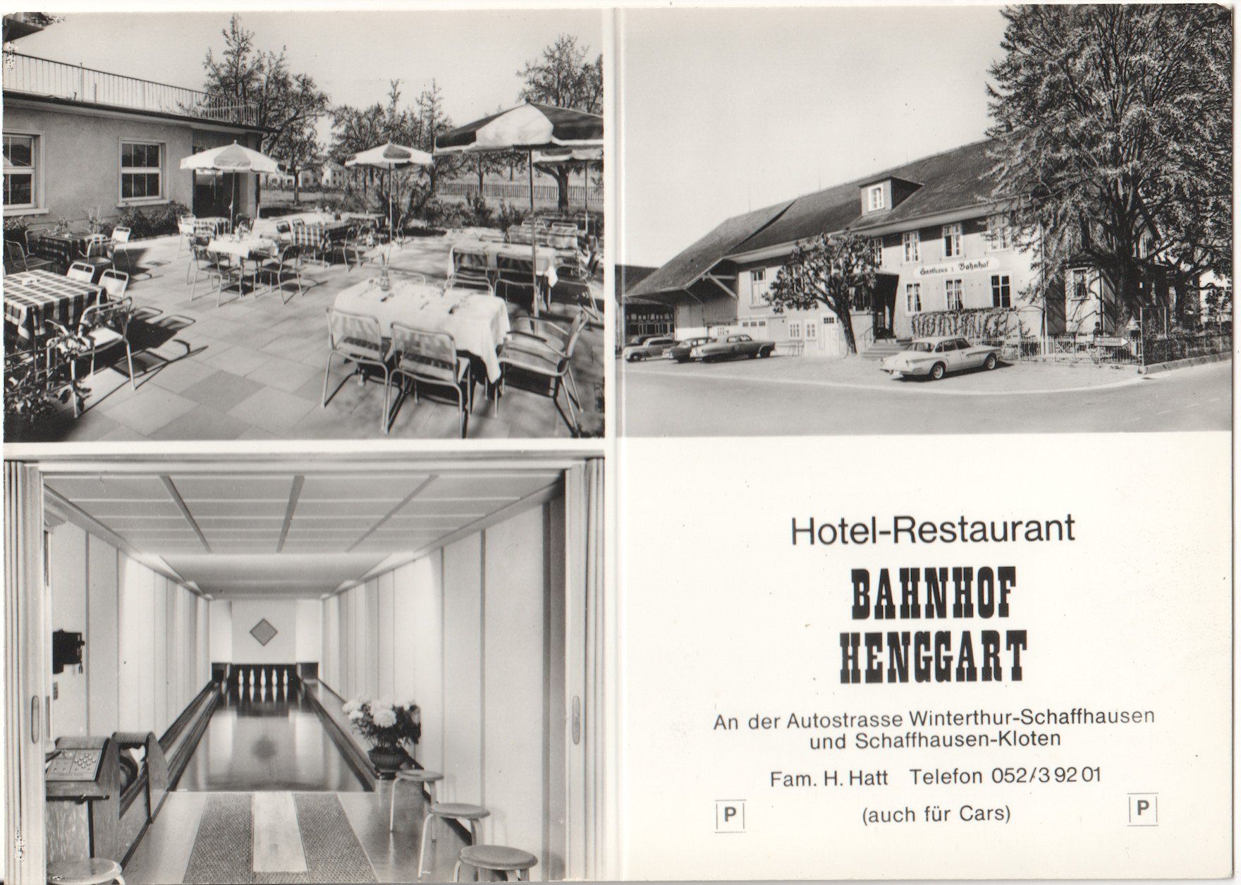 Cartoline postali: HENGGART: Restaurant Bahnhof, Oldtimer, Kegelbahn ~1950 – Usato da Engelburg venduto da Swisscards 1