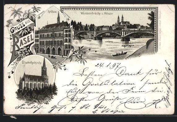 Cartoline postali: Litho Basel, Wettsteinbrücke und Münst – Usato da Berlin venduto da bartko-reher