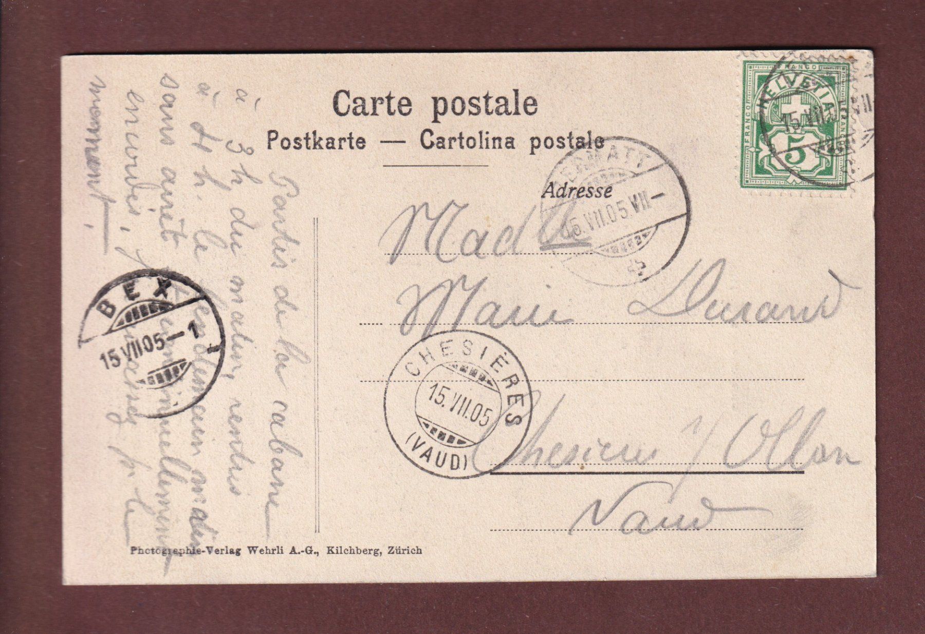 Cartoline postali: MATTERHORN / CERVIN - 1905 – Usato da Pully venduto da nicecards-shop 1