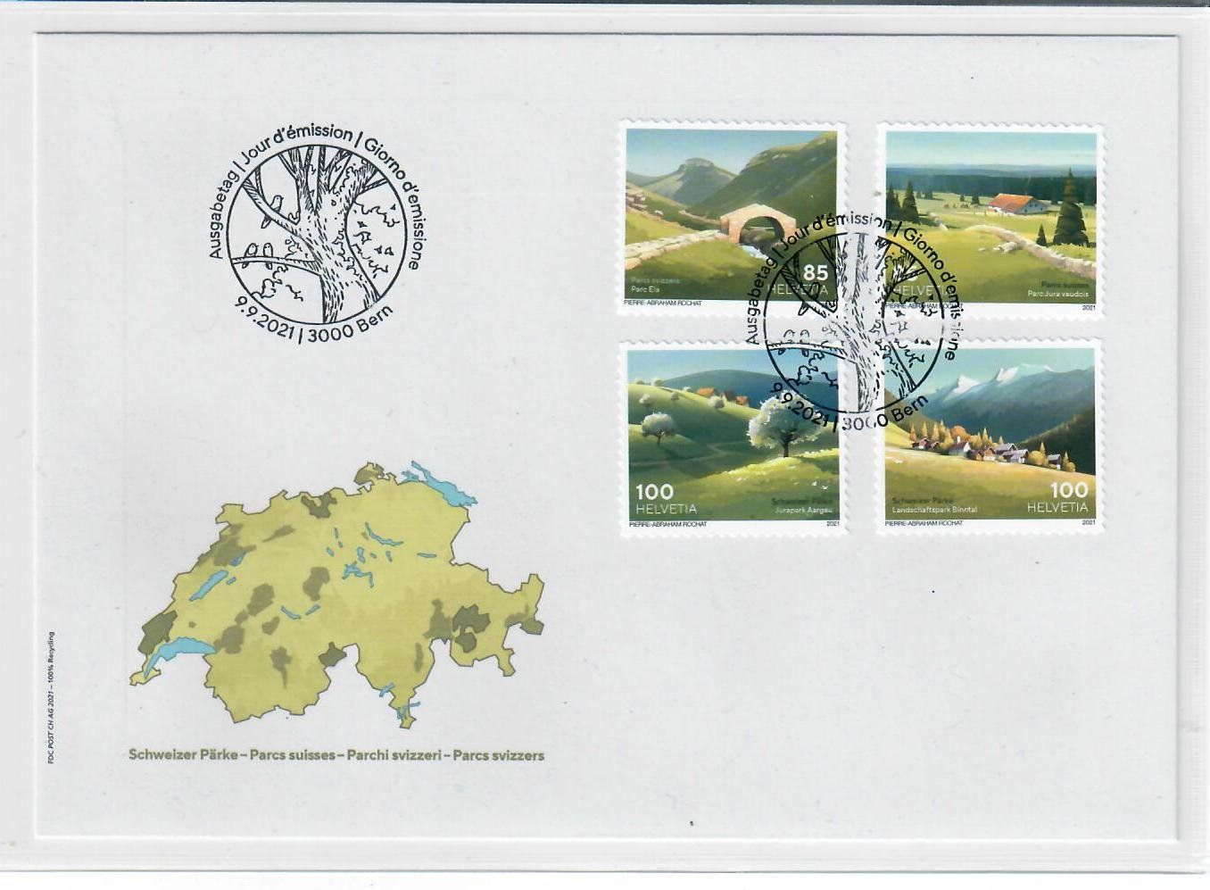 Alle Briefmarken: 2021 Schweizer Pärke FDC aus Viererblock – Gebraucht aus Utzigen von a8b9c0