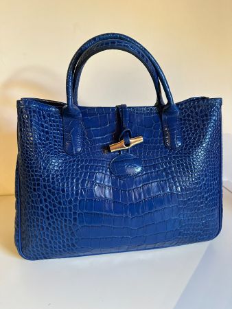 Sac Longchamp Roseau - Cuir Croco Bleu Roi taille M