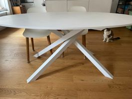 White oval dinning table with 6 matching chairs.