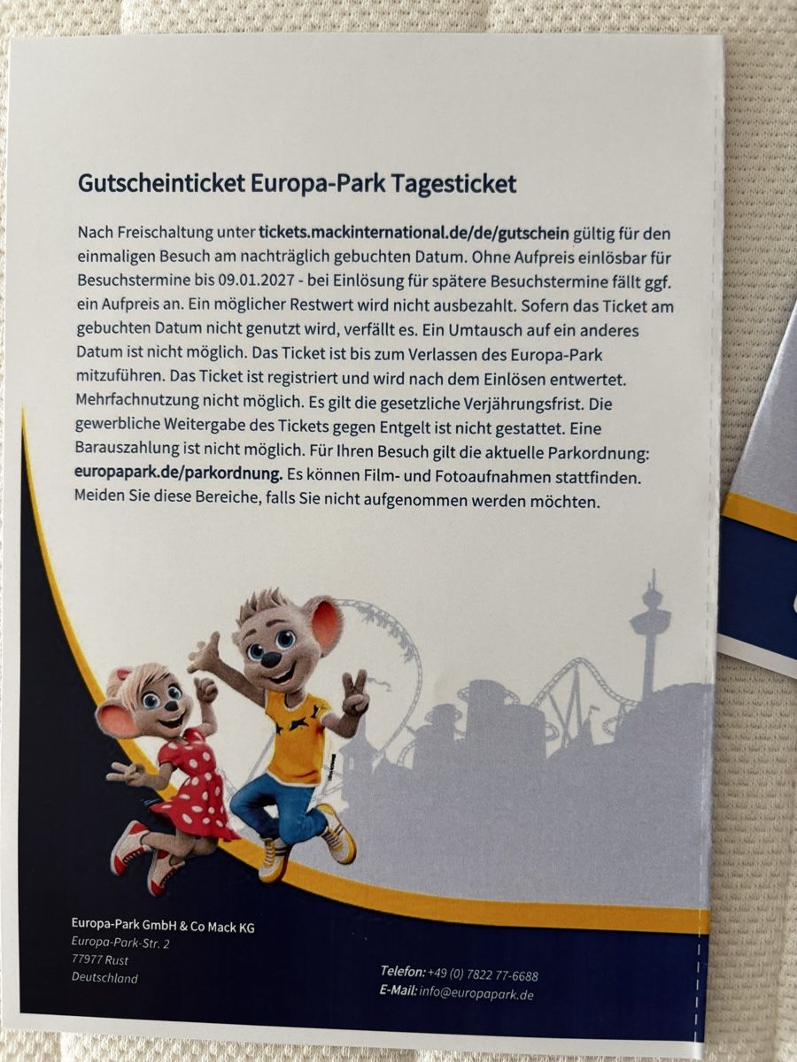 Billets: 2 Kinder Gutschein Ticket Europa-Park  – Neuf avec emballage d'origine à Rünenberg par ZwergLi100 1