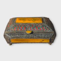 Vintage Silver Filigree Trinket Box with Amber Inlay