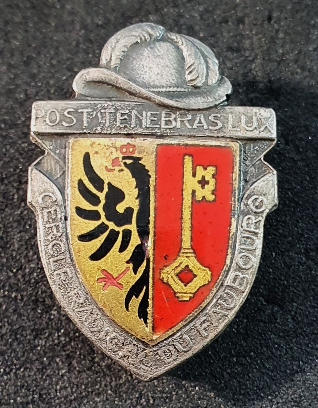 Placchette & Badge: GG065 - Brosche Genf "Post Tenebras Lux" Sterling Silber? – Usato da Reinach BL venduto da Boston-Verkauf