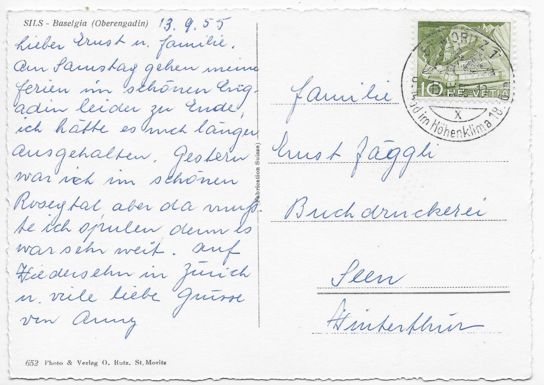 Ansichtskarten: Sils Baselgia um 1955 – Gebraucht aus Hefenhofen von Richsalz 1