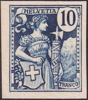 1901, Helvetia: 10c (blau), Probedruck auf Kartonpapier
