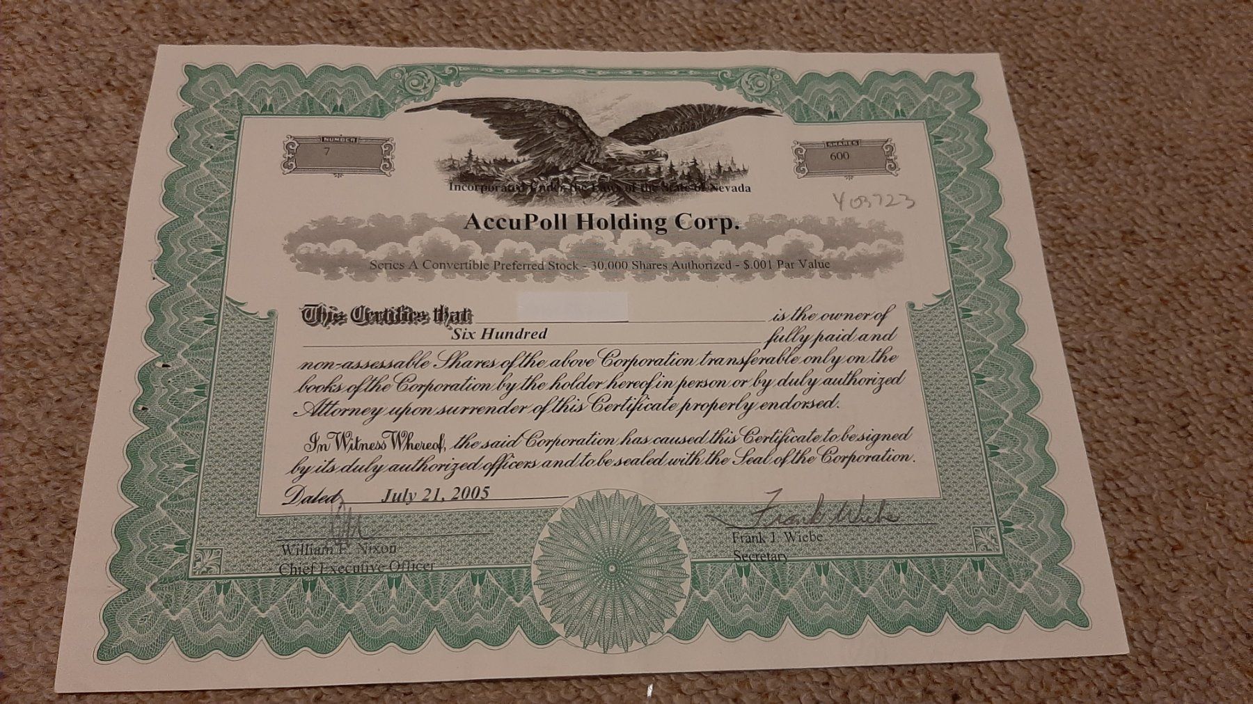Documenti: Aktie AccuPoll Holding Corp.,  Nevada – Usato da Porza venduto da ulletta1