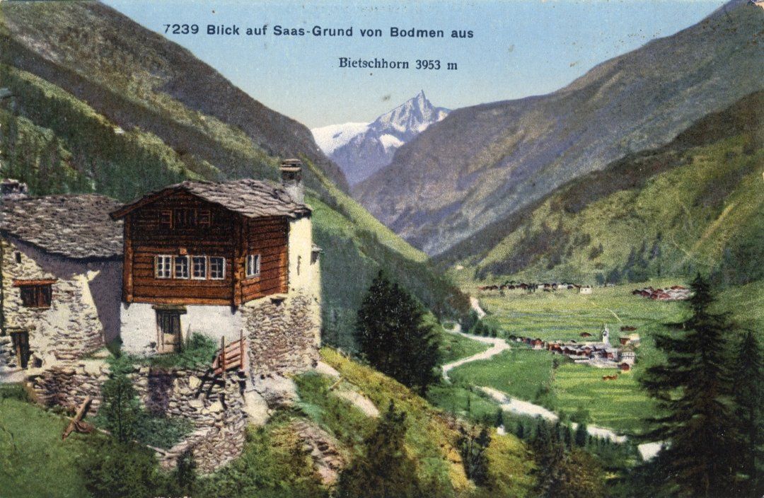 Cartoline postali: Saas Grund   VS  -    BODMEN   mit Bietschhorn – Usato da Brig venduto da Valcards54