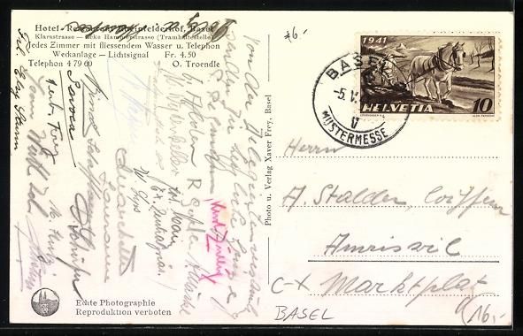 Cartoline postali: Basel, Hotel-Restaurant Rheinfelderhof – Usato da Berlin venduto da bartko-reher 1