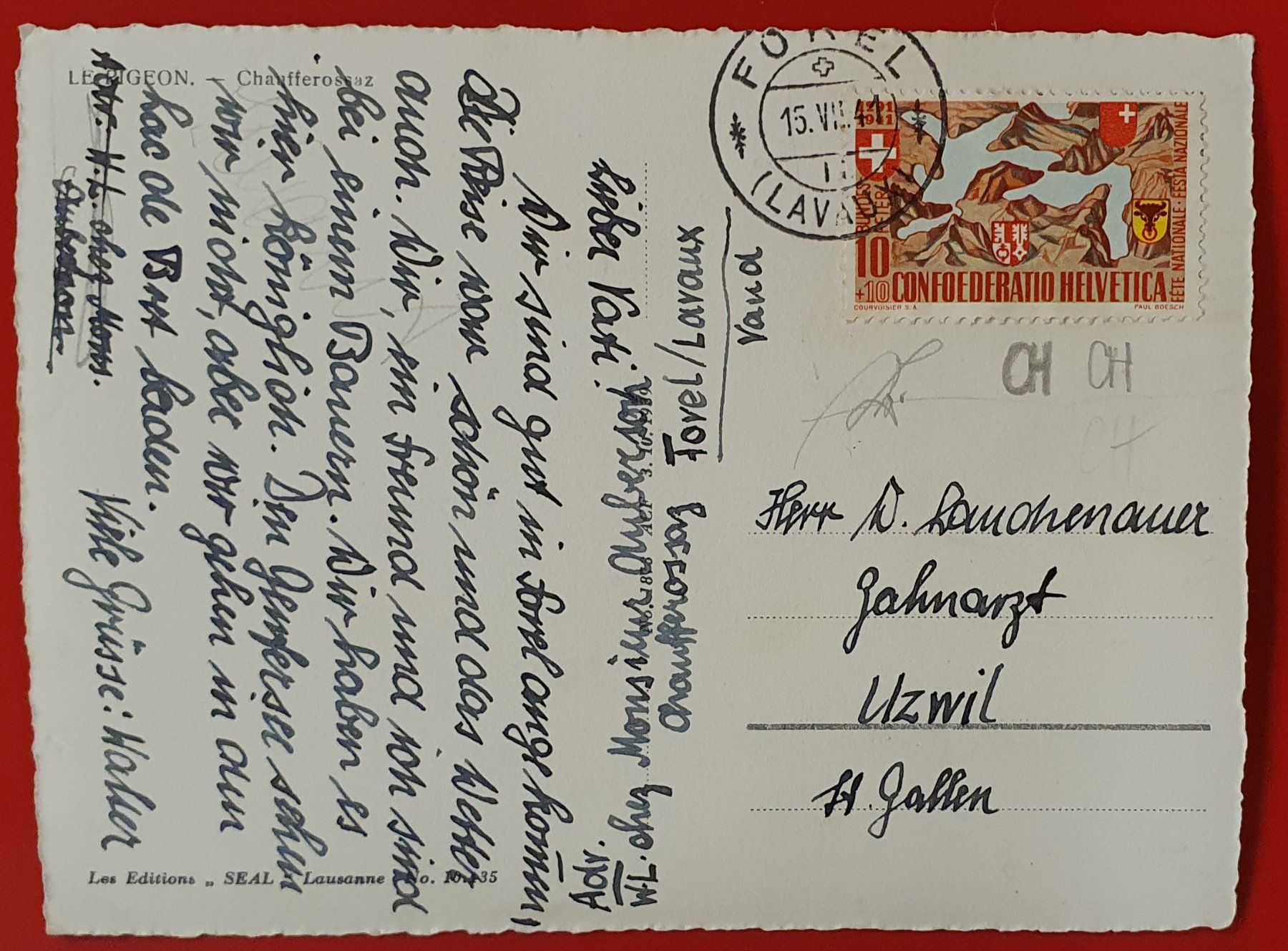 Cartoline postali: Forel 1941 - Le Rigeon,  Chaufferossaz – Usato da Kreuzlingen venduto da Rschweiz1 1