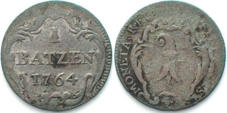Tutti le monete: BASEL Stadt 1 Batzen 1764 Billon – Usato da Riehen venduto da sesambestcoins2004