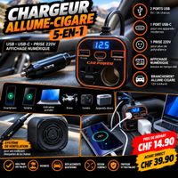 🚗 CHARGEUR ALLUME-CIGARE 5-EN-1 – USB, USB-C & PRISE 220V !