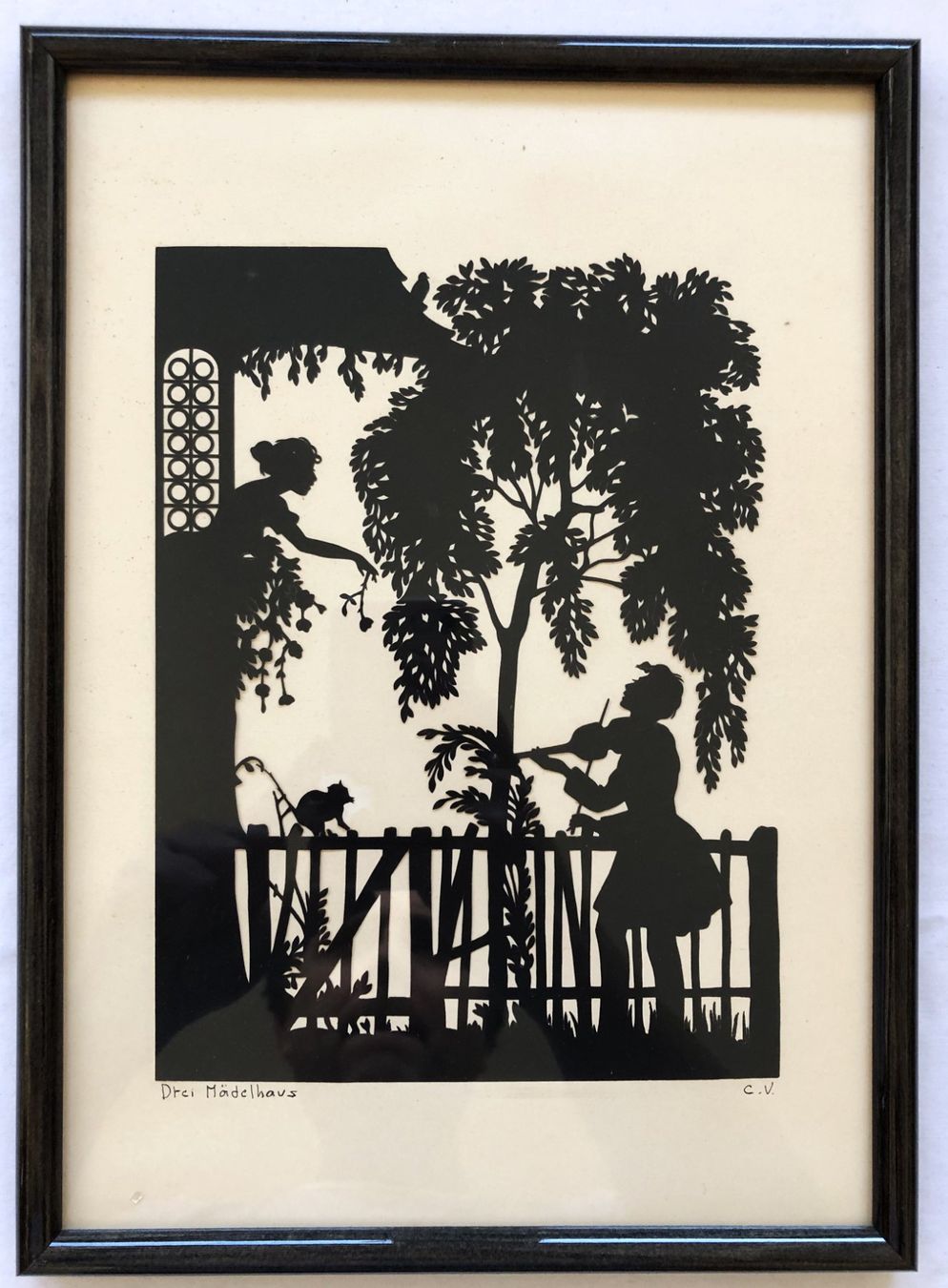 Grafica & Litografie: Orig. Scherenschnitt - "Drei Mädelhaus" - monogrammiert C.V – Usato da Schaffhausen venduto da durruti