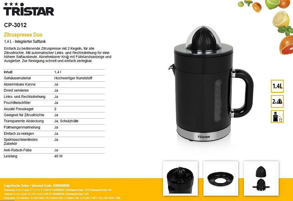 Elettrodomestici da cucina: TRISTAR Zitruspresse Duo - CP-3012 – Nuovo e nell'imballaggio originale da Opfikon venduto da Trodat5430