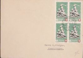Postkarte Schweiz 1940 Bundesfeier 4er Block gestempelt