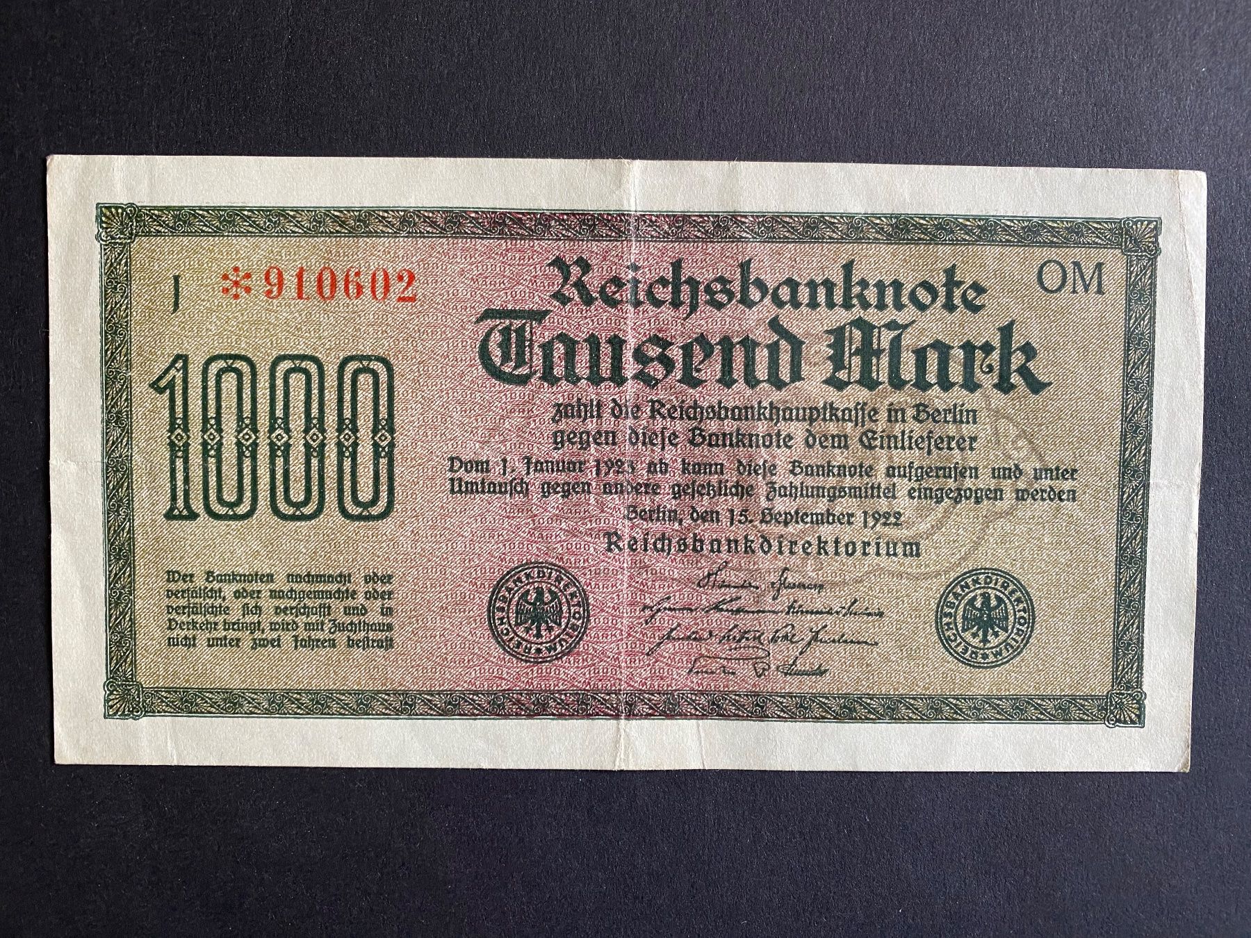 Banknoten: 1000 Mark Reichsbanknote von 1922 – Gebraucht aus Zürich von leo0105