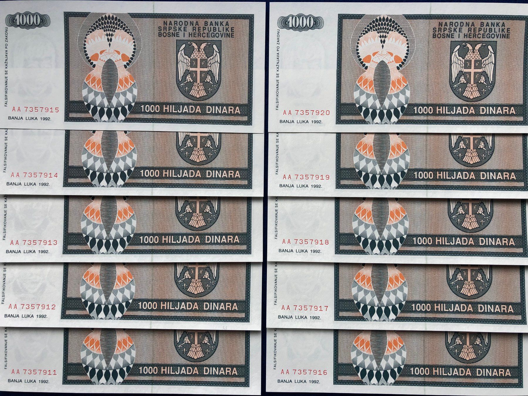 Banconote: Banja Luka 1992 - 10 x 1000 Dinara UNC – Nuovo e nell'imballaggio originale da Pfäffikon SZ venduto da Sieben77 7