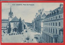 Tram + Oldtimer in Lausanne  -  alte Ansichtskarte 1929