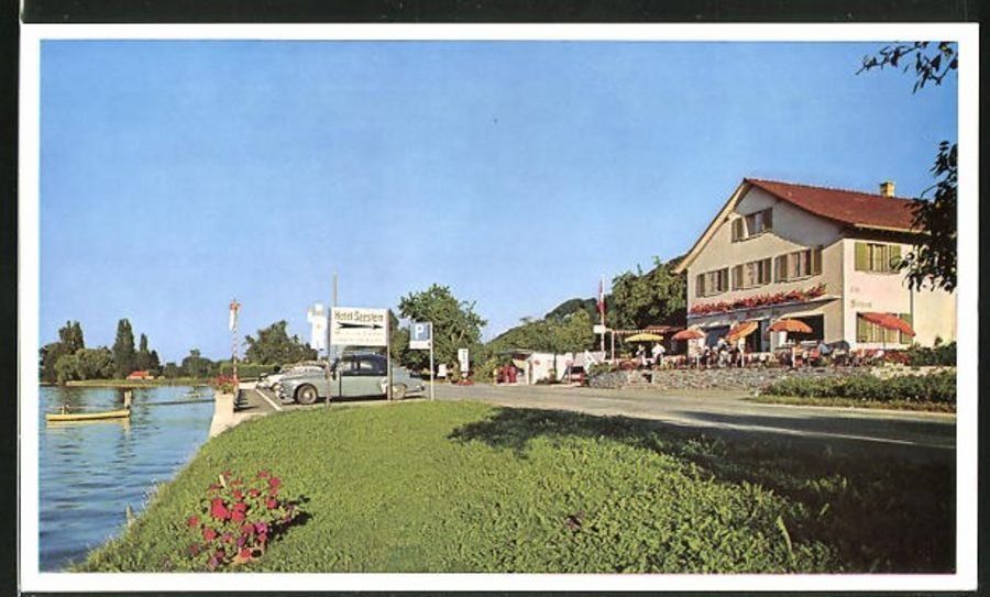 Cartes postales: Berlingen, Hotel Café Seestern, Oldtimer, um 1955 – D'occasion à Frauenfeld par POML