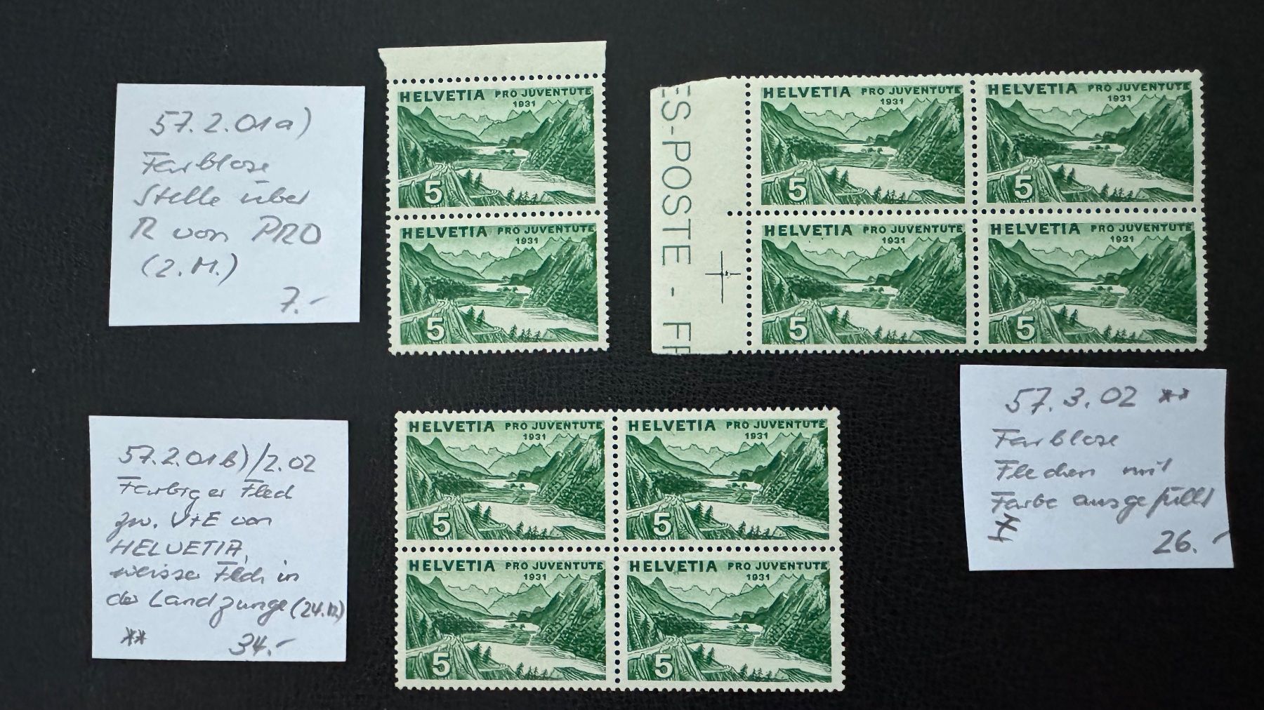 Alle Briefmarken: Pro Juventute 1931, 3 ABARTEN, postfrisch – Neu (gemäss Beschreibung) aus Stallikon von HILDECH1 1