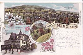 Menziken farbige Lithografie 3 Bilder Rest. Rebstock Burg
