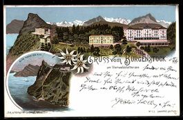 Lithographie Bürgenstock, Hotelbauten und Aussicht am Vierwa
