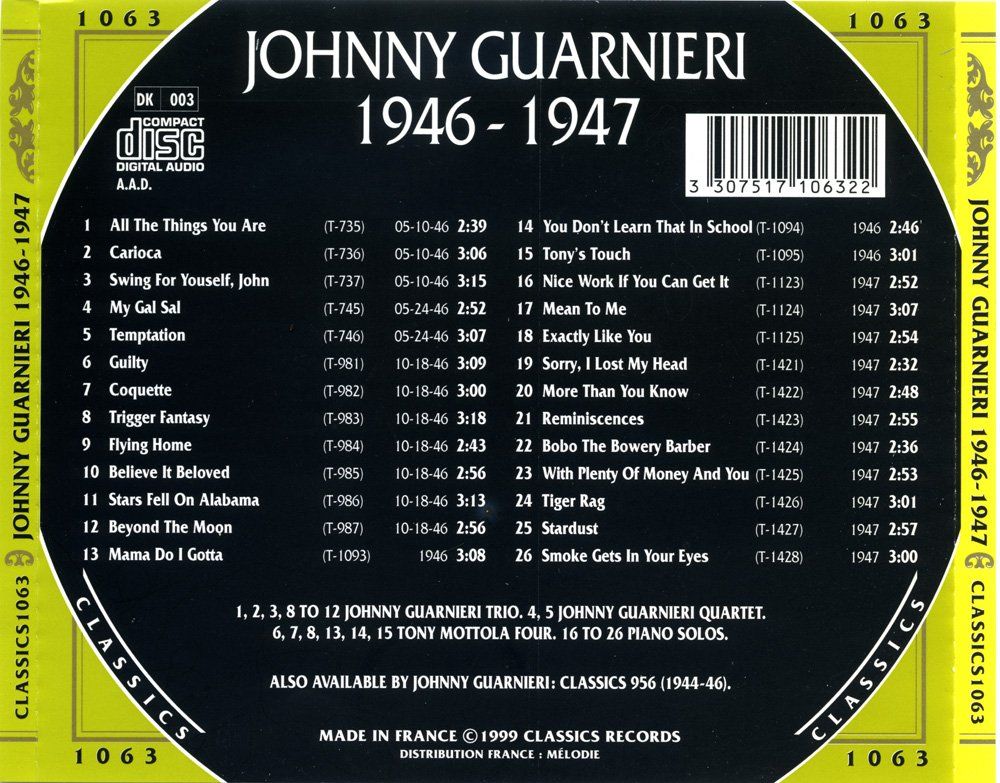 CD: Jazz-CD:  Johnny Guarnieri....." (Classics") – Usato da Hochfelden venduto da mue_lhm9 2