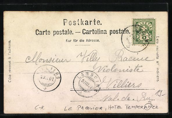 Cartoline postali: AK Le Paquier, Hotel Temperance, 1901 – Usato da Berlin venduto da bartko-reher 1