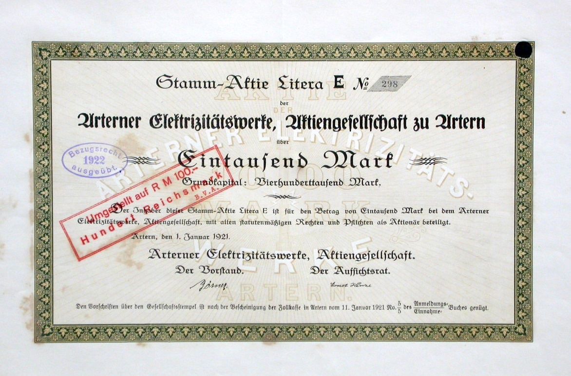 Dokumente: Arterner Elektrizitätswerke AG, Artern - 1921 – Gebraucht aus Solothurn von Sgasche