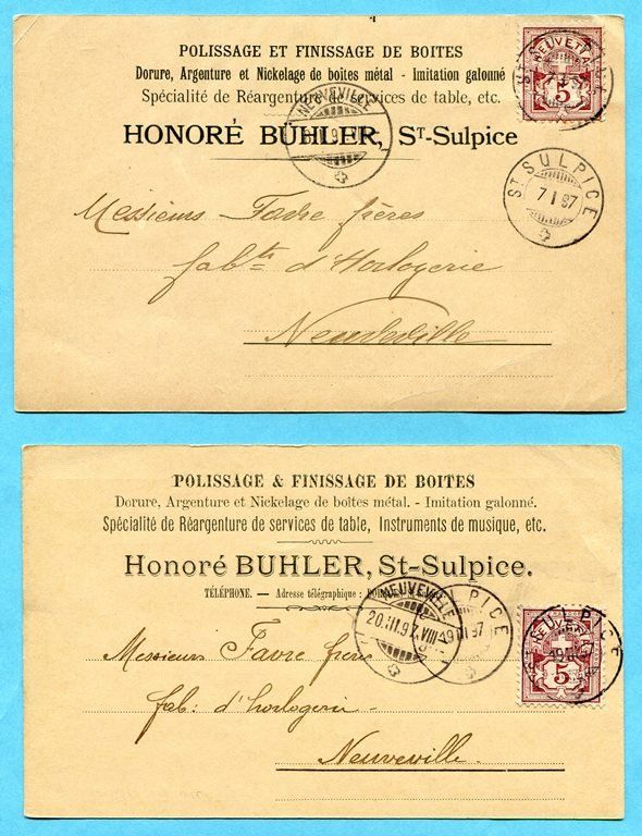 Alle Briefmarken: 2 versch.  Pks St. Sulpice 1897 - Absender: Honoré Bühler – Gebraucht aus Opfikon von Prophila