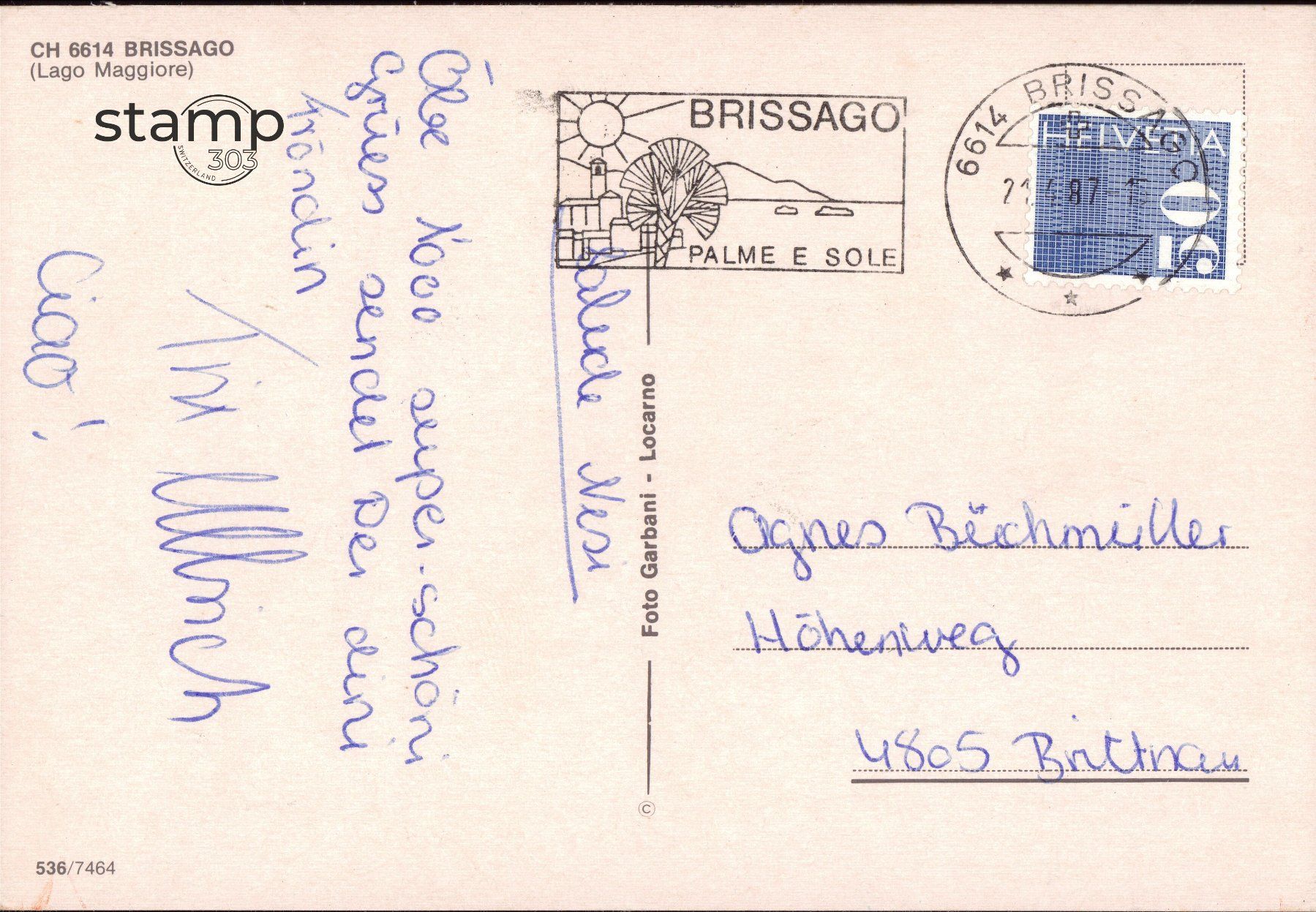 Cartoline postali: 1987 AK Brissago _ Lago Maggiore – Usato da Eggersriet venduto da stamp303 1