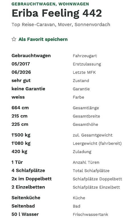 Camping Fahrzeuge: Wohnwagen Eriba Feeling, Top Reisecaravan, ab MFK – Gebraucht aus Belp von hei_sdg6 4