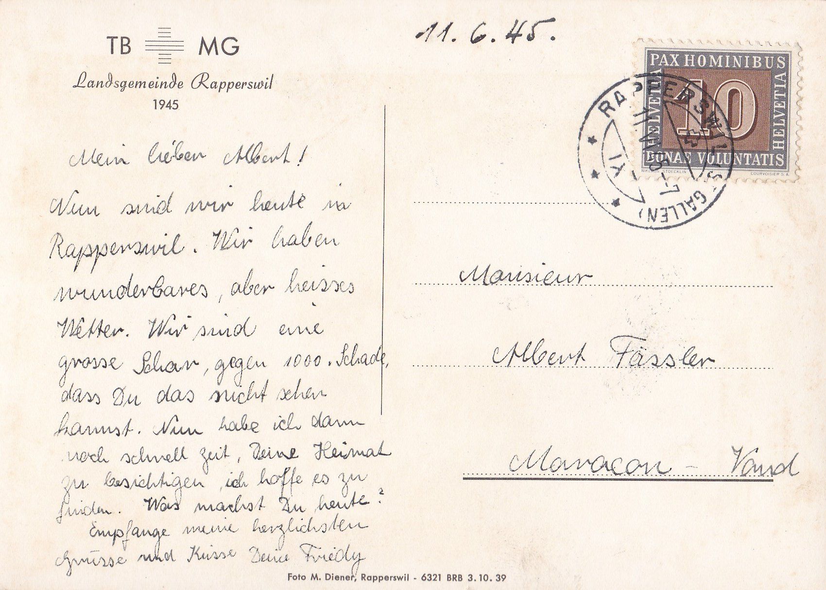 Ansichtskarten: Rapperswil Ansichtskarte 1945 – Gebraucht aus Neuenhof von  1