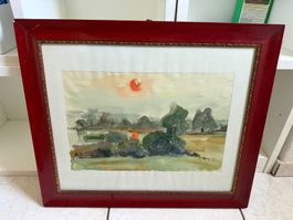 Aquarell Landschaft, nicht signiert, roter Rahmen