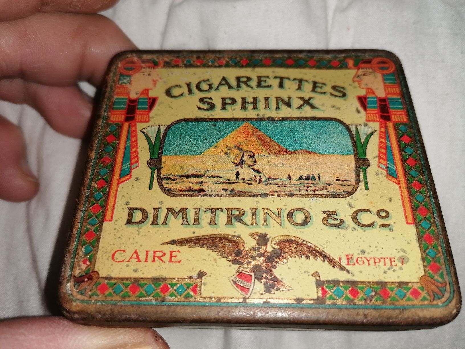 Tabak: Antike Blechdose Dimitrino Sphinx 20 Zigaretten ca. 1910 – Gebraucht aus Zürich von Tin4Life
