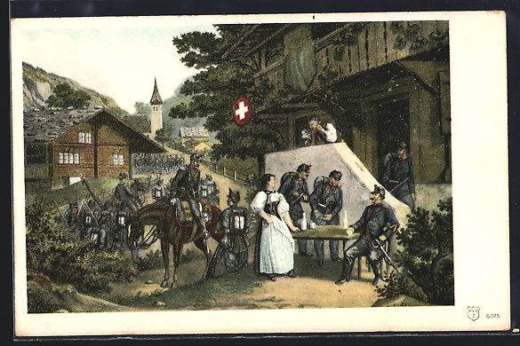 Foto, Lettere & Cartoline: Schweizer Soldaten vor einem Wirtshaus – Usato da Berlin venduto da bartko-reher