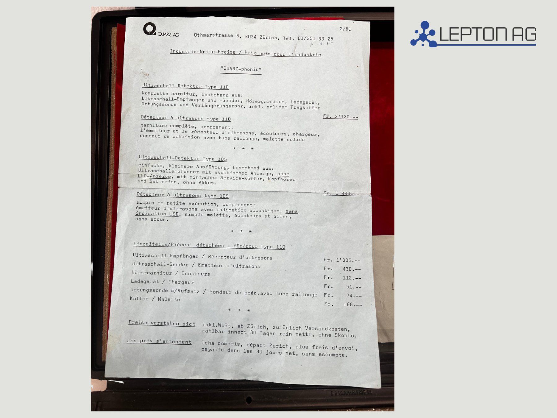 Accessori da laboratorio: Quarz-Phonic Ultraschalldetektor 110 – Usato da Niederdorf venduto da LeptonAG_Labor 2