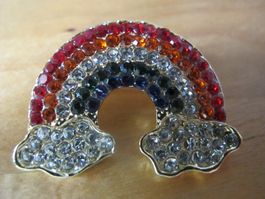 Brosche Regenbogen mit Wolken, Goldfarben, Neu!