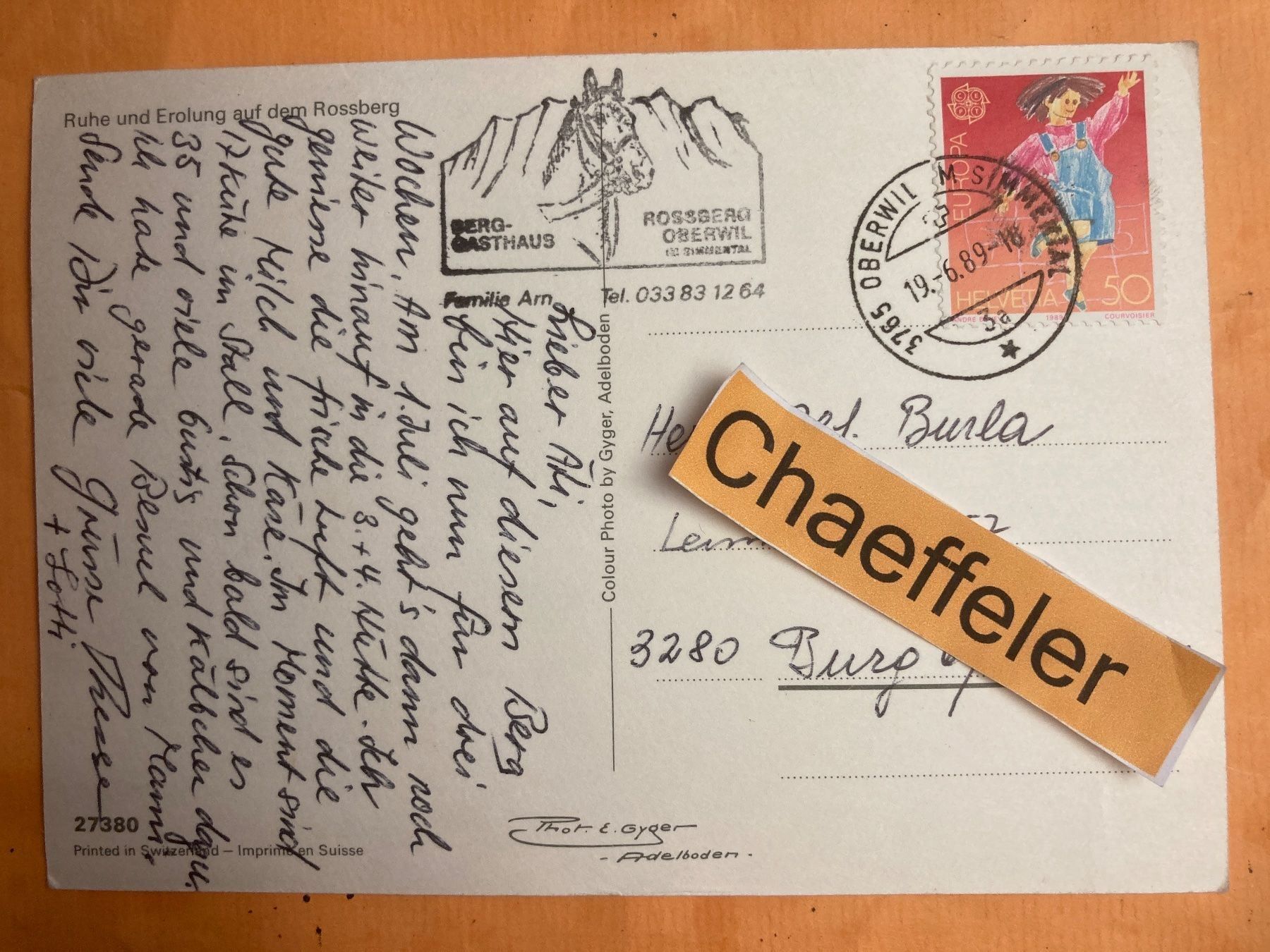 Ansichtskarten: 1989. Rossberg 1134 m – Gebraucht aus Zürich von Chaeffeler 1