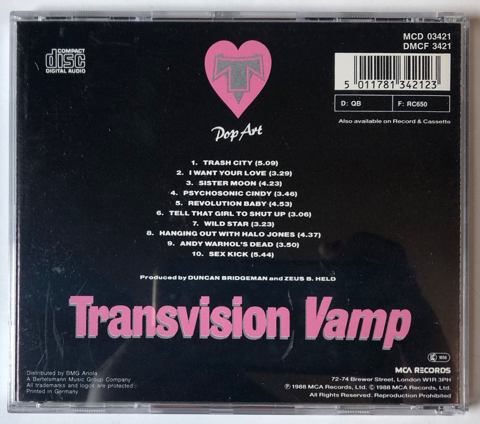 CD: TRANSVISION VAMP - POP ART – Usato da Poliez-Pittet venduto da Newtown-Records 1