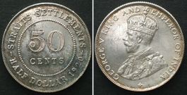 STRAITS SETTLEMENTS 50 Cents 1920 GEORGE V. Silber stgl!