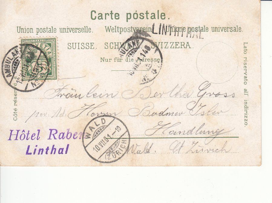 Cartoline postali: Linthal 1901, Stabstempel Linthal – Usato da Bürglen TG venduto da StampGraf 1