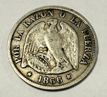 Chile 20 Centavos Coin 1866 good condition