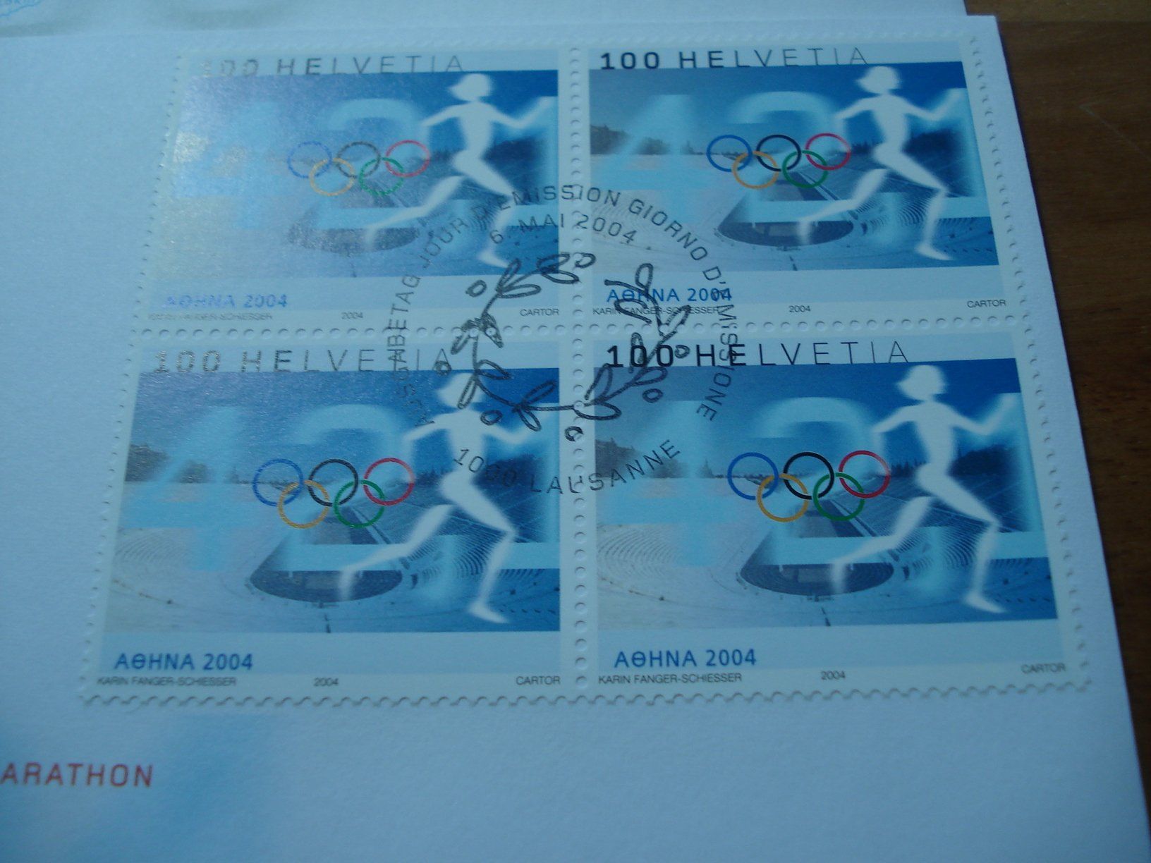 Alle Briefmarken: 2 mal Olympiamarken  2004, FDC Einzel + 4erblock – Gebraucht aus Niederwil AG von morostahu