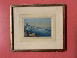 Stichlithografie Basel Ansicht Rhein gerahmt 22 x 19 cm.