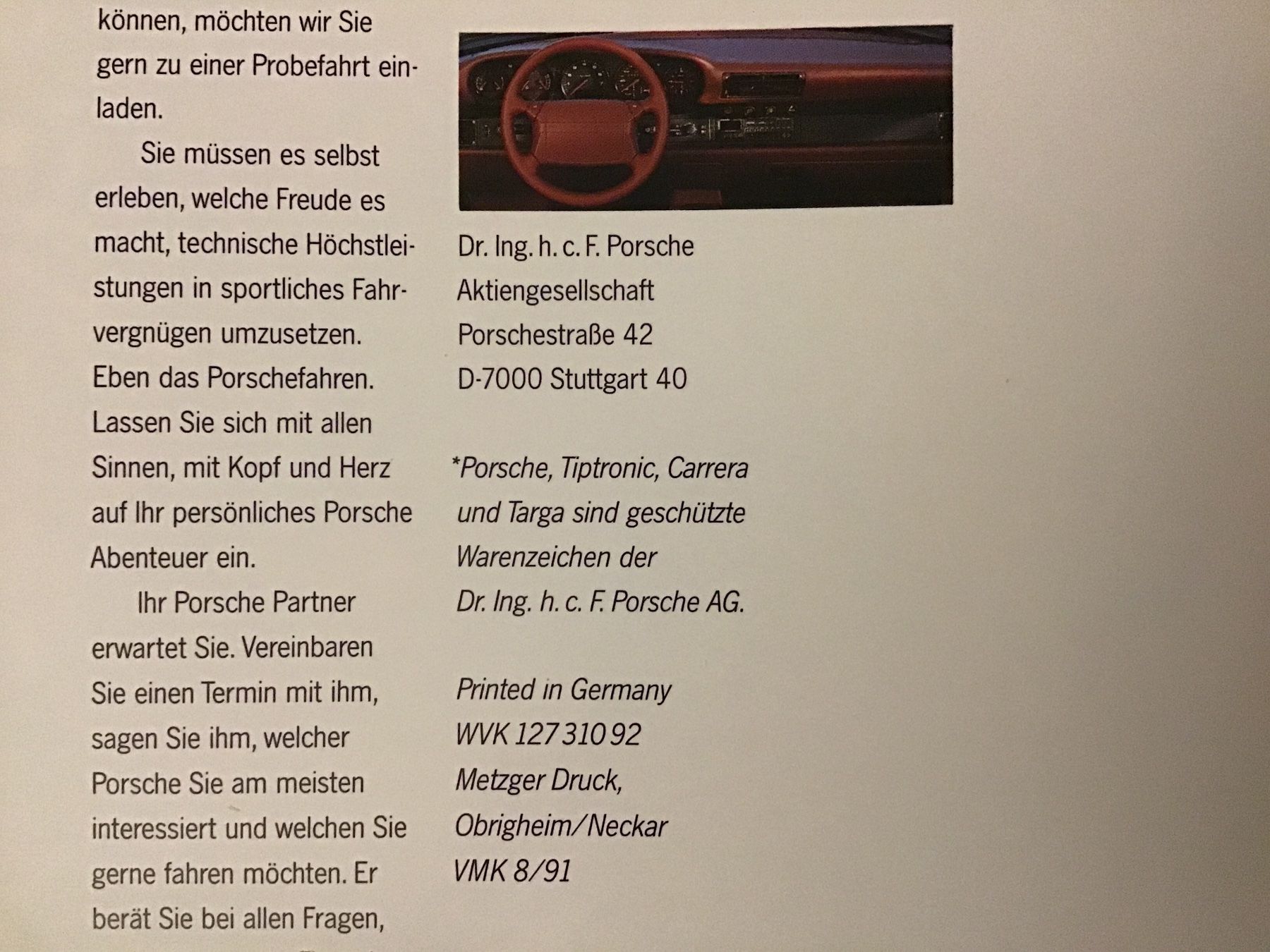 Porsche Dokumente: Porsche Programm Verkaufsprospekt 22 Seiten August 1991 – Gebraucht aus Scherzingen von Starseller62 8